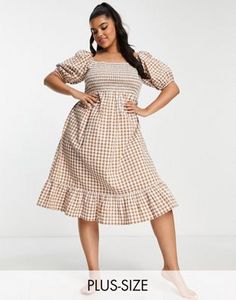 Influence Plus square neck puff sleeve beach dress in brown check kínálat, 26 Ft a ASOS -ben