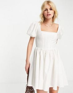 ASOS DESIGN corset linen mini skater dress with puff sleeve in white kínálat, 25,5 Ft a ASOS -ben